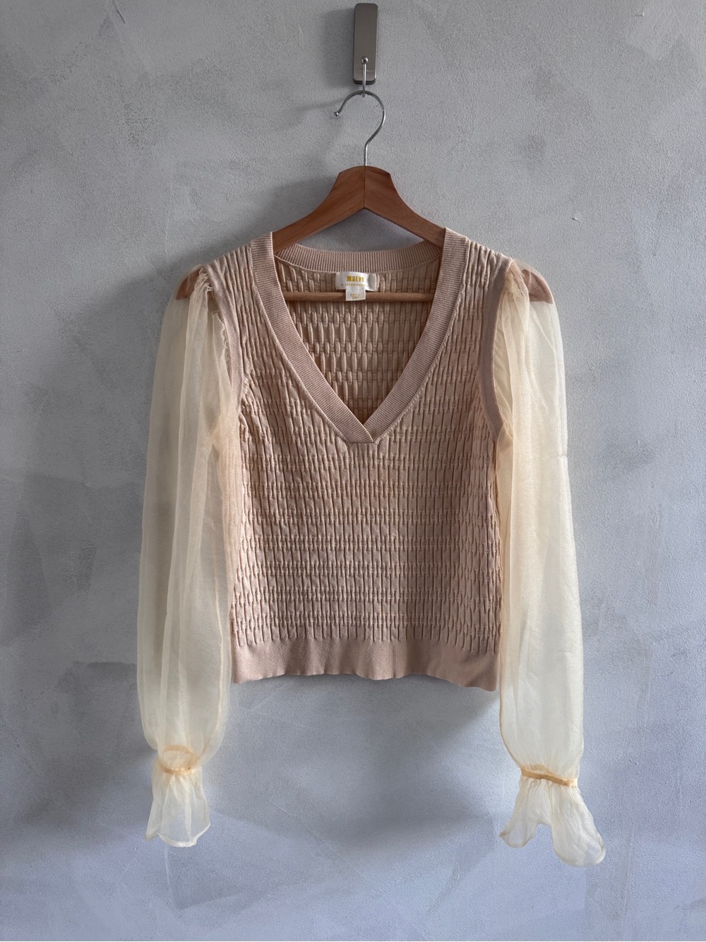 Anthropologie - Knit V-Neck Top in Cream with Sheer Sleeves